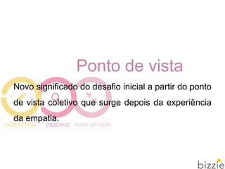 Ponto de vista
Novo significado do desafio inicial a partir do ponto
de vista coletivo que surge depois da experiência
da empatia.
 