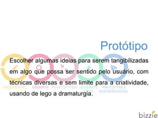 Escolher algumas ideias para serem tangibilizadas
em algo que possa ser sentido pelo usuário, com
técnicas diversas e sem limite para a criatividade,
usando de lego a dramaturgia.
Protótipo
 