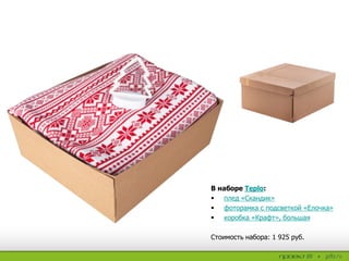 В наборе Teplo:
 плед «Скандик»
 фоторамка с подсветкой «Елочка»
 коробка «Крафт», большая
Стоимость набора: 1 925 руб.
 