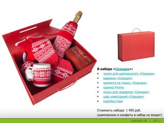В наборе «Скандик»:
 чехол для шампанского «Скандик»
 варежки «Скандик»
 манжета на чашку «Скандик»
 кружка Promo
 носок для подарков «Скандик»
 шар новогодний «Скандик»
 коробка Case
Стоимость набора: 1 495 руб.
(шампанское и конфеты в набор не входят)
 