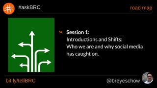 #askBRC
bit.ly/tellBRC
road map
↬ Session 2:
Assumptions, Words, and Platforms:
A look at general practices, a
glossary, a...