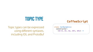 Topic types can be expressed
using diﬀerent syntaxes,
including IDL and ProtoBuf
Topic Type
class CarDynamics:
constructor:
(@cid, @x, @y, @dx, @dy) ->
CoffeeScript
 