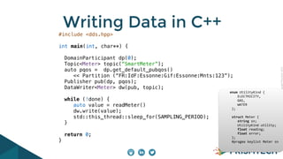 CopyrightPrismTech,2015
Writing Data in C++
#include <dds.hpp>
int main(int, char**) {
DomainParticipant dp(0);
Topic<Meter> topic(“SmartMeter”);
auto pqos = dp.get_default_pubqos()
<< Partition (“FR:IdF:Essonne:Gif:Essonne:Mnts:123”);
Publisher pub(dp, pqos);
DataWriter<Meter> dw(pub, topic);
while (!done) {
auto value = readMeter()
dw.write(value);
std::this_thread::sleep_for(SAMPLING_PERIOD);
}
return 0;
}
					enum	UtilityKind	{	
	 				ELECTRICITY,	
	 				GAS,	
	 				WATER	
						};	
							
						struct	Meter	{	
	 				string	sn;	
	 				UtilityKind	utility;	
	 				float	reading;	
	 				float	error;	
						};													
						#pragma	keylist	Meter	sn	
 