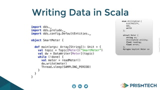 CopyrightPrismTech,2014
Writing Data in Scala
import dds._ 
import dds.prelude._ 
import dds.config.DefaultEntities._ 
object SmartMeter { 
 
def main(args: Array[String]): Unit = { 
val topic = Topic[Meter](“SmartMeter”) 
val dw = DataWriter[Meter](topic)
while (!done) {
val meter = readMeter() 
dw.write(meter)
Thread.sleep(SAMPLING_PERIOD)
} 
} 
}
					enum	UtilityKind	{	
	 				ELECTRICITY,	
	 				GAS,	
	 				WATER	
						};	
							
						struct	Meter	{	
	 				string	sn;	
	 				UtilityKind	utility;	
	 				float	reading;	
	 				float	error;	
						};													
						#pragma	keylist	Meter	sn	
 