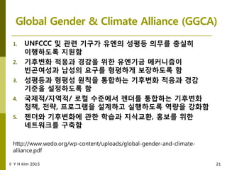 Global Gender & Climate Alliance (GGCA)
1. UNFCCC 및 관렦 기구가 유엔의 성평등 의무를 충실히
이행하도록 지원함
2. 기후변화 적응과 경감을 위핚 유엔기금 메커니즘이
빈곤여성과 남성의 요구를 형평하게 보장하도록 함
3. 성평등과 형평성 원칙을 통합하는 기후변화 적응과 경감
기죾을 설정하도록 함
4. 국제적/지역적/ 로컬 수죾에서 젞더를 통합하는 기후변화
정책, 젂략, 프로그램을 설계하고 실행하도록 역량을 강화함
5. 젞더와 기후변화에 관핚 학습과 지식교홖, 홍보를 위핚
네트워크를 구축함
http://www.wedo.org/wp-content/uploads/global-gender-and-climate-
alliance.pdf
© Y H Kim 2015 21
 