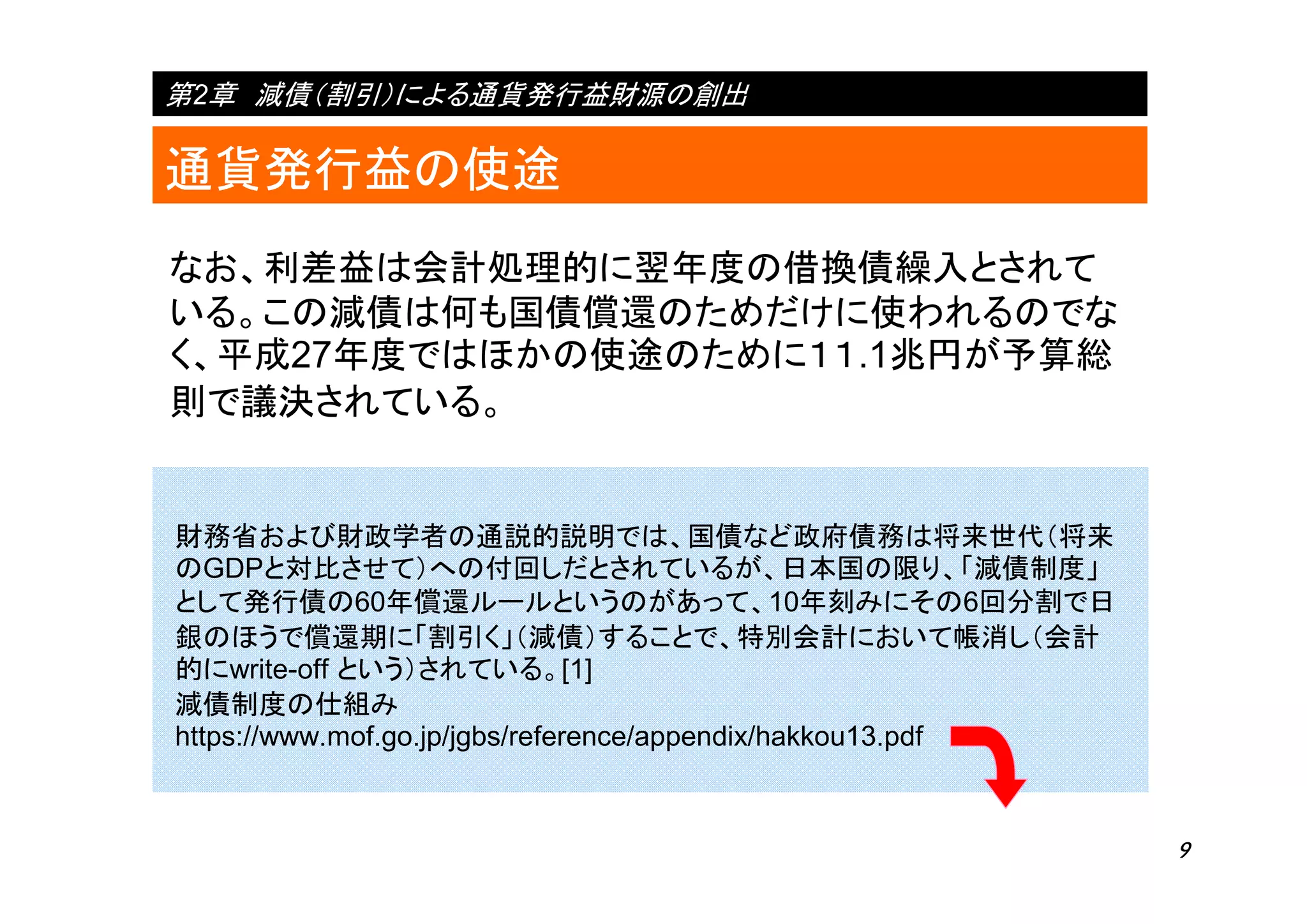 9
通貨発行益の使途
第2章 減債（割引）による通貨発行益財源の創出
なお、利差益は会計処理的に翌年度の借換債繰入とされて
いる。この減債は何も国債償還のためだけに使われるのでな
く、平成27年度ではほかの使途のために１１.1兆円が予算総
則で議決されている。
財務省および財政学者の通説的説明では、国債など政府債務は将来世代（将来
のGDPと対比させて）への付回しだとされているが、日本国の限り、「減債制度」
として発行債の60年償還ルールというのがあって、10年刻みにその6回分割で日
銀のほうで償還期に「割引く」（減債）することで、特別会計において帳消し（会計
的にwrite-off という）されている。[1]
減債制度の仕組み
https://www.mof.go.jp/jgbs/reference/appendix/hakkou13.pdf
 