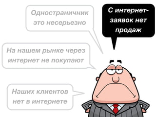 На нашем рынке через
интернет не покупают
Наших клиентов
нет в интернете
C интернет-
заявок нет
продаж
Одностраничник
это несерьезно
 