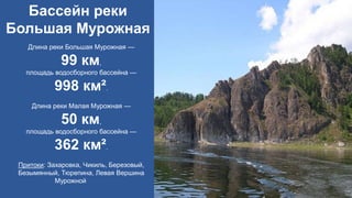 Бассейн реки
Большая Мурожная
Длина реки Большая Мурожная —
99 км,
площадь водосборного бассейна —
998 км².
Длина реки Малая Мурожная —
50 км,
площадь водосборного бассейна —
362 км².
Притоки: Захаровка, Чикиль, Березовый,
Безымянный, Тюрепина, Левая Вершина
Мурожной
 