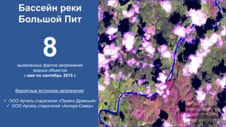 Бассейн реки
Большой Пит
8выявленных фактов загрязнения
водных объектов
с мая по сентябрь 2015 г.
Вероятные источники загрязнения:
 ООО Артель старателей «Прииск Дражный»
 ООО Артель старателей «Ангара-Север»
 