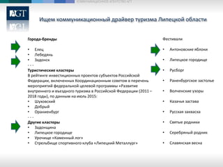 Ищем коммуникационный драйвер туризма Липецкой области
КОММУНИКАЦИОННОЕ АГЕНТСТВО АГТ
Города-бренды
• Елец
• Лебедянь
• Задонск
- - -
Туристические кластеры
В рейтинге инвестиционных проектов субъектов Российской
Федерации, включенных Координационным советом в перечень
мероприятий федеральной целевой программы «Развитие
внутреннего и въездного туризма в Российской Федерации (2011 –
2018 годы), по данным на июль 2015:
• Шуховский
• Добрый
• Ораниенбург
- - -
Другие кластеры
• Задонщина
• Липецкое городище
• Урочище «Каменный лог»
• Стрельбище спортивного клуба «Липецкий Металлург»
Фестивали
• Антоновские яблоки
• Липецкое городище
• Русборг
• Раненбургское застолье
• Волченские узоры
• Казачья застава
• Русская закваска
• Святые родники
• Серебряный родник
• Славянская весна
 