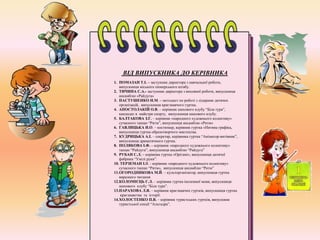 ВІД ВИПУСКНИКА ДО КЕРІВНИКА
1. ПОМАЗАН Т.І. – заступник директора з навчальної роботи,
випускниця міського піонерського штабу.
2. ТИЧИНА С.А.- заступник директора з виховної роботи, випускниця
ансамблю «Райдуга»
3. ПАСТУШЕНКО Н.М. – методист по роботі з лідерами дитячих
організацій, випускниця краєзнавчого гуртка.
4. АПОСТОЛАКІЙ О.В. – керівник шахового клубу “Біла тура”,
кандидат в майстри спорту, випускниця шахового клубу.
5. БАЛТАКОВА З.Г. – керівник «народного художнього колективу»
сучасного танцю “Ритм”, випускниця ансамблю «Ритм»
6. ГАВЛИЦЬКА Н.О. – костюмер, керівник гуртка «Нитяна графіка,
випускниця гуртка образотворчого мистецтва.
7. КУДРИЦЬКА А.І. – секретар, керівника гуртка “Аніматор-витівник”,
випускниця драматичного гуртка.
8. ПОЛЯКОВА І.Ф. – керівник «народного художнього колективу»
танцю “Райдуга”, випускниця ансамблю “Райдуга”
9. РУБАН С.Л. – керівник гуртка «Орігамі», випускниця дитячої
фабрики “Умілі руки”.
10. ТЕРЗЕМАН І.В. - керівник «народного художнього колективу»
сучасного танцю “Ритм», випускниця ансамблю “Ритм”
11.ОГОРОДНИКОВА М.Й. – культорганізатор, випускниця гуртка
виразного читання
12.КОЛОМІЄЦЬ Г.Л. – керівник гуртка іноземної мови, випускниця
шахового клубу “Біла тура”.
13.ПАРАХОВА Л.Я. – керівник краєзнавчих гуртків, випускниця гуртка
краєзнавства та історії.
14.ХОЛОСТЕНКО П.В. – керівник туристських гуртків, випускник
туристської секції “Альгадра”.
 