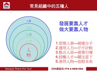 常見組織中的五種人
人事
人力
人員
人才
人
物
發展要靠人才
做大要靠人物
1.管理人事—破壞分子
2.運用人力—斤斤計較
3.整合人員—需要引導
4.授權人才—關注當下
5.善待人物—放眼未來
 