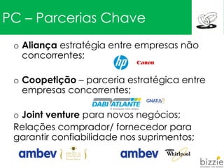 PC – Parcerias Chave
o Aliança estratégia entre empresas não
concorrentes;
o Coopetição – parceria estratégica entre
empresas concorrentes;
o Joint venture para novos negócios;
Relações comprador/ fornecedor para
garantir confiabilidade nos suprimentos;
 
