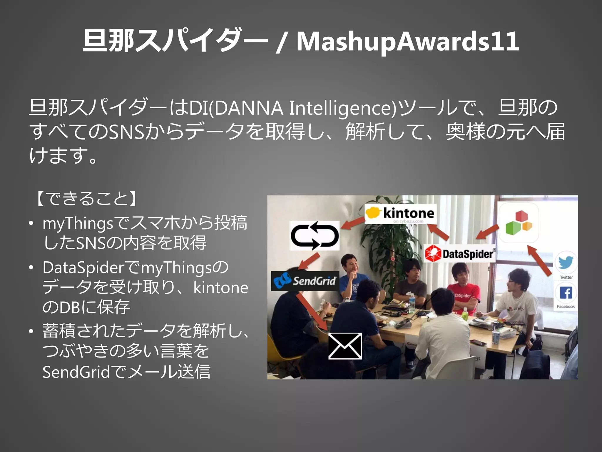 旦那スパイダー / MashupAwards11
旦那スパイダーはDI(DANNA Intelligence)ツールで、旦那の
すべてのSNSからデータを取得し、解析して、奥様の元へ届
けます。
【できること】
• myThingsでスマホから投稿
したSNSの内容を取得
• DataSpiderでmyThingsの
データを受け取り、kintone
のDBに保存
• 蓄積されたデータを解析し、
つぶやきの多い言葉を
SendGridでメール送信
 