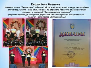 Екологічна безпека
Команда школи “Екопатруль” зайняла І місце у міському етапі конкурсу екологічних
агітбригад “Земля – наш спільний дім” та отримала грамоту в обласному етапі
конкурсу в номінації “За креативність сценарію”
(керівники команди: заступник директора з виховної роботи Москаленко Л.І.,
педагог – організатор Шуляшкіна С.А.)
 