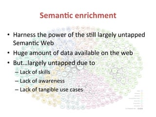 Seman.c	
  enrichment	
  
•  Harness	
  the	
  power	
  of	
  the	
  s?ll	
  largely	
  untapped	
  
Seman?c	
  Web	
  
•  Huge	
  amount	
  of	
  data	
  available	
  on	
  the	
  web	
  
•  But…largely	
  untapped	
  due	
  to	
  
– Lack	
  of	
  skills	
  
– Lack	
  of	
  awareness	
  
– Lack	
  of	
  tangible	
  use	
  cases	
  
 