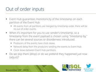 #sqlsatParma
#sqlsat462November 28°, 2015
Out of order inputs
 Event Hub guarantees monotonicity of the timestamp on each...