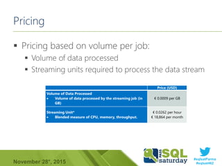 #sqlsatParma
#sqlsat462November 28°, 2015
Pricing
 Pricing based on volume per job:
 Volume of data processed
 Streamin...