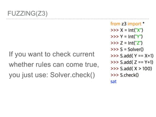 FUZZING(Z3)
If you want to check current
whether rules can come true,
you just use: Solver.check()
 
