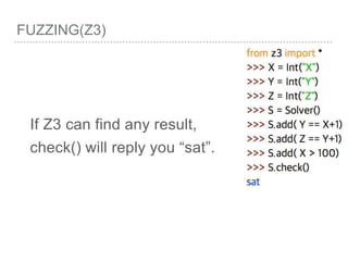 FUZZING(Z3)
If Z3 can find any result,
check() will reply you “sat”.
 