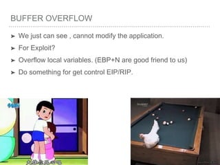 BUFFER OVERFLOW
➤ We just can see , cannot modify the application.
➤ For Exploit?
➤ Overflow local variables. (EBP+N are good friend to us)
➤ Do something for get control EIP/RIP.
 