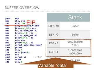 BUFFER OVERFLOW
Stack
EBP - 10 Buffer
EBP - C Buffer
EBP - 8
0x6C6C6548
= lleH
EBP - 4
0x0000216F
=x00x00!o
EBP
=ESP
Old EBP
_______EIP
Variable “data”
 