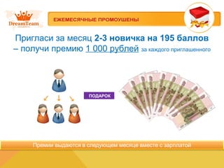 ПОДАРОК
Пригласи за месяц 2-3 новичка на 195 баллов
– получи премию 1 000 рублей за каждого приглашенного
 