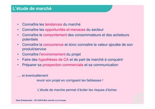 L’étude de marché
• Connaître les tendances du marché
• Connaître les opportunités et menaces du secteur
• Connaître le comportement des consommateurs et des acheteurs
potentiels
• Connaître la concurrence et donc connaitre la valeur ajoutée de son
produit/service
• Connaître l’environnement du projet
• Faire des hypothèses de CA et de part de marché à conquérir
• Préparer sa prospection commerciale et sa communication
… et éventuellement
revoir son projet en corrigeant les faiblesses !
L’étude de marche permet d’éviter les risques d’échec
Osez Entreprendre - 19/11/2015 Mon marché vu à la loupe
 