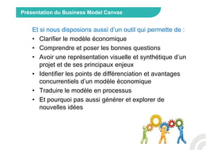 Présentation du Business Model Canvas
Et si nous disposions aussi d’un outil qui permette de :
• Clarifier le modèle économique
• Comprendre et poser les bonnes questions
• Avoir une représentation visuelle et synthétique d’un
projet et de ses principaux enjeux
• Identifier les points de différenciation et avantages
concurrentiels d’un modèle économique
• Traduire le modèle en processus
• Et pourquoi pas aussi générer et explorer de
nouvelles idées
 
