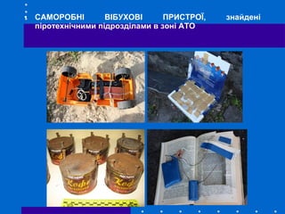 • САМОРОБНІ ВІБУХОВІ ПРИСТРОЇ, знайдені
піротехнічними підрозділами в зоні АТО
 