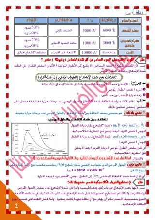 4
‫أمثلة‬
‫علل‬‫متػري‬ ) ‫(ّغريٍا‬ ‫املصادز‬ ِ‫ٍر‬ ‫نل‬ ً‫م‬ ‫الصادز‬ ْٛ‫الض‬ ٙ‫عل‬ ‫الػالب‬ ٌْ‫الل‬‫؟‬
‫ا‬٠‫احلساز‬ ١‫ٚدزد‬ ٞ‫املٛد‬ ٍٛ‫ٚايط‬ ‫اإلغعاع‬ ٠‫غد‬ ‫بني‬ ١‫يعالق‬
: ً‫ا‬‫كالضيلي‬


: ً‫ا‬‫كني‬
‫بالى‬ ‫ميخين‬: ‫و‬
:‫الموجي‬ ‫والطول‬ ‫اإلذطاع‬ ‫ذدة‬ ‫بين‬ ‫الطالقظ‬
‫األيمن‬ ‫للجزء‬ ‫بالنسبة‬ : ً‫ال‬‫أو‬
‫األيسر‬ ‫للجزء‬ ‫بالنسبة‬ : ً‫ا‬‫ثاني‬
: ‫فني‬ ٌْ‫قاى‬mλ
10-3
= 2.89×λm.T = const
m
‫علل‬‫تطتطٔع‬ ‫مل‬‫بالىو؟‬ ‫ميخين‬ ‫تفطري‬ ٘ٔ‫الهالضٔه‬ ٛ‫الفٔصٓا‬
Λm
kْ60005000 Aº
50%
40%
kْ30001000 Aº
20%
80%
10000 Aº
 