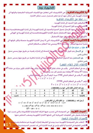 46
‫اإللكتزوويبث‬‫وىعبن‬
‫اّال‬: ٘ٓ‫التياظس‬ ‫االلهرتّىٔات‬
‫التناظرية‬ ‫االلكترونيات‬ ‫علي‬ ‫امثلة‬



)(.
‫اذتد‬ ٘ٔ‫السقن‬ ‫االلهرتّىٔات‬:٘‫ٓج‬
0,1
‫البّانات‬ ‫نقن‬ ‫عىمّة‬ ‫خطُات‬
)‫التشفير‬ ‫(نظام‬ ‫الثنائي‬ ‫النظام‬
20
21
22
31122
71112
7
:٘ٔ‫الهَسب‬ ٛ‫الضْضا‬
‫الرقمية‬ ‫االلكترونيات‬ ‫مميزات‬:


 