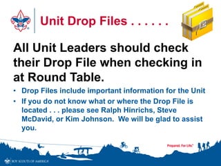 Unit Drop Files . . . . . .
All Unit Leaders should check
their Drop File when checking in
at Round Table.
• Drop Files include important information for the Unit
• If you do not know what or where the Drop File is
located . . . please see Ralph Hinrichs, Steve
McDavid, or Kim Johnson. We will be glad to assist
you.
 