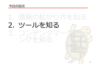 √
1.  情報の拡がり⽅方を知る
2.  ツールを知る
3.  コンテンツマーケティ
ングを知る
今⽇日の⽬目次
10
 