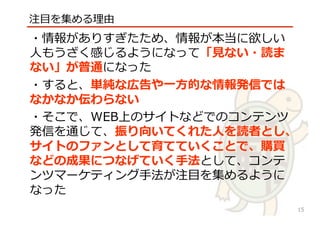 √
・情報がありすぎたため、情報が本当に欲しい
⼈人もうざく感じるようになって「⾒見見ない・読ま
ない」が普通になった
・すると、単純な広告や⼀一⽅方的な情報発信では
なかなか伝わらない
・そこで、WEB上のサイトなどでのコンテンツ
発信を通じて、振り向いてくれた⼈人を読者とし、
サイトのファンとして育てていくことで、購買
などの成果につなげていく⼿手法として、コンテ
ンツマーケティング⼿手法が注⽬目を集めるように
なった
注⽬目を集める理理由
15
 