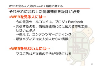 √
それぞれに合わせた情報発信を設計が必要
• WEBを⾒見見る⼈人には…
– 今の最強ツールコンビは、ブログ＋Facebook
– 発信するのも、情報爆発時代には伝える⽅方を⼯工夫
しないとダメ
→例例えば、コンテンツマーケティング
– 最強メディアは友⼈人知⼈人からの情報
• WEBを⾒見見ない⼈人には…
– マス広告など従来の⼿手法が有効になる
WEBを⾒見見る⼈人／⾒見見ない⼈人の２極化で考える
21
 