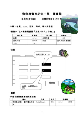 迦密唐賓南紀念中學 圖書館
地理科(中四級) 主題研習指引(2015-16)
主題：地震、火山、河流、海岸、珠三角發展
‧關鍵字 [可於圖書館搜器「主題 / 科目」中輸入]
中文書 索書號 中文書 索書號
‧地震 354.4 ‧地球科學 350...