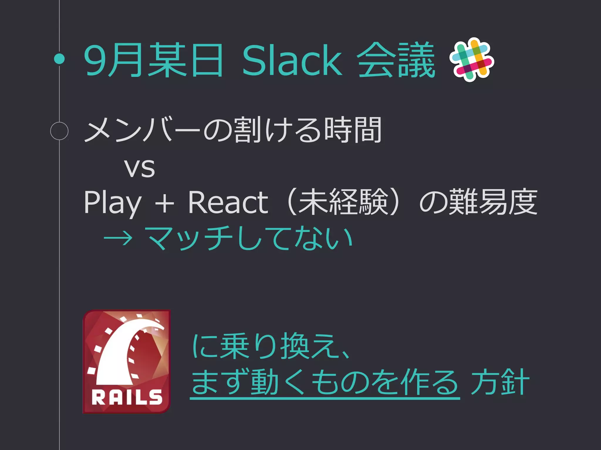 9月某日 Slack 会議
メンバーの割ける時間
vs
Play + React（未経験）の難易度
→ マッチしてない
に乗り換え、
まず動くものを作る 方針
 