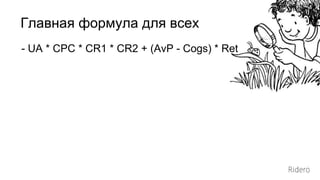 - UA * CPC * CR1 * CR2 + (AvP - Cogs) * Ret
Главная формула для всех
 