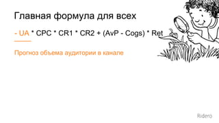 - UA * CPC * CR1 * CR2 + (AvP - Cogs) * Ret
Главная формула для всех
Прогноз объема аудитории в канале
 