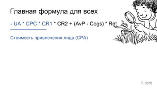 - UA * CPC * CR1 * CR2 + (AvP - Cogs) * Ret
Главная формула для всех
Стоимость привлечения лида (CPA)
 