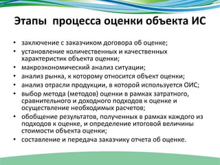 Этапы процесса оценки объекта ИС
• заключение с заказчиком договора об оценке;
• установление количественных и качественных
характеристик объекта оценки;
• макроэкономический анализ ситуации;
• анализ рынка, к которому относится объект оценки;
• анализ отрасли продукции, в которой используется ОИС;
• выбор метода (методов) оценки в рамках затратного,
сравнительного и доходного подходов к оценке и
осуществление необходимых расчетов;
• обобщение результатов, полученных в рамках каждого из
подходов к оценке, и определение итоговой величины
стоимости объекта оценки;
• составление и передача заказчику отчета об оценке.
 