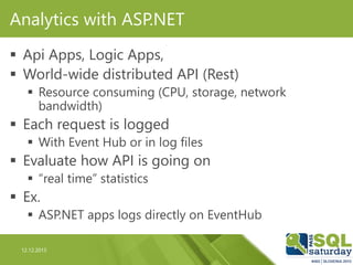 12.12.2015
Analytics with ASP.NET
 Api Apps, Logic Apps,
 World-wide distributed API (Rest)
 Resource consuming (CPU, s...