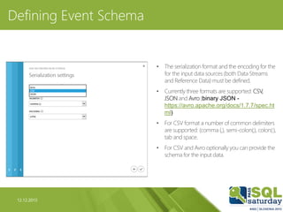 12.12.2015
Defining Event Schema
• The serialization format and the encoding for the
for the input data sources (both Data...