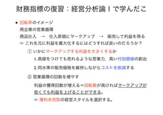 • 回転率のイメージ 
商企業の営業循環 
商品仕入 → 仕入原価にマークアップ → 販売して利益を得る 
☞ これを元に利益を最大化するにはどうすれば良いのだろうか？
① いかにマークアップする利益を大きくするか
1. 高値をつけても売れるような営業力，高い付加価値の創出
2. 同水準の販売価格を維持しながらコストを削減する
② 営業循環の回数を増やす
利益の獲得回数が増える＝回転数が高ければマークアップが 
低くても利益を上げることができる。
☞ 薄利多売型の経営スタイルを選択する。
財務指標の復習：経営分析論Ⅰで学んだこ
 