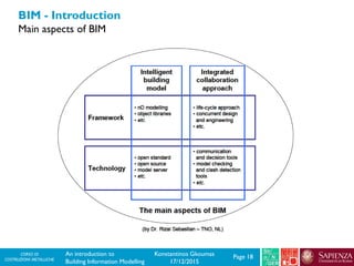CORSO DI
COSTRUZIONI METALLICHE Page 18An introduction to
Building Information Modelling
Konstantinos Gkoumas
17/12/2015
BIM - Introduction
Main aspects of BIM
 