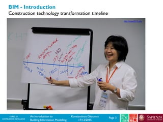 CORSO DI
COSTRUZIONI METALLICHE Page 3An introduction to
Building Information Modelling
Konstantinos Gkoumas
17/12/2015
BIM - Introduction
Construction technology transformation timeline
http://dcee2015.info
 