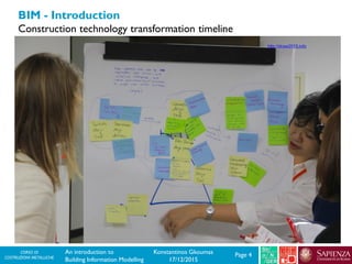 CORSO DI
COSTRUZIONI METALLICHE Page 4An introduction to
Building Information Modelling
Konstantinos Gkoumas
17/12/2015
BIM - Introduction
Construction technology transformation timeline
http://dcee2015.info
 