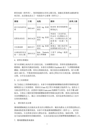 7
鮮的來源（附件四）。第四場講座以烹飪示範呈現，鼓勵民眾選擇永續海鮮食
材烹飪。此活動也產出了一則資訊中心報導（附件五）。
講題 日期 地點 講師 參與人數
責 任 制 海 鮮 指
標
2015.4.9
流浪 ing 旅遊
書店
徐承堉 責任制海鮮指
標發起人
43
從豐魚到魚荒 2015.4.23
流浪 ing 旅遊
書店
李嘉亮 （自由作家，
作品有《台灣漁小百
科》、《台灣魚達人的
海 鮮 第 一 堂 課 》 等
書 ）
42
全民挑海鮮 2015.5.7
流浪 ing 旅遊
書店
廖運志（國立海洋科
技博物館 研究人員）
38
永 續 海 鮮 我 家
做 － 烹飪示範
2015.5.21
Solo Trattoria
義大利餐廳
王嘉平 J-Ping（義菜
名廚）
16
4. 經營社群網站
現今社群網已成為許多人資訊交流、互相聯繫的管道，其特性是散播速度快、
範圍廣。鑑於時代潮流的演進，本會在社群網站 Facebook 成立「台灣珊瑚礁總
體檢」的開放性社團，即時公開講座訊息、報名資訊及相關新聞等，現今社團
成員 1483 位，不僅達到資訊流通的目的，成員之間也可以互相討論，達到資訊
公開、分享及交流的目的。
5. 志工培訓教材
為了加強志工的物種辨認能力，本會今年根據珊瑚礁體檢的指標性物種與底質
種類設計志工培訓教材。教材以 Cram 電子閃卡和遊戲呈現(附件六)，提供志工
互動式的學習方式。此教材可通過 Cram.com 的網路平台使用，也有手機 APP
版本，方便志工隨時復習珊瑚礁體檢指標性物種及底質分類。教材已提供給報
名參與體檢的志工，讓志工參加訓練前可以自修。而回返參與活動的志工也可
以利用教材複習。
6. 摺頁製作及宣傳
珊瑚礁體檢概念及活動尚未普及於台灣潛水界，概因為潛水人多習慣從潛水店、
教練或熟悉業者獲得資訊。本會今年製成珊瑚礁體檢摺頁（附件七），並拜訪
拜訪綠島、台北與東北角各大潛水店家，透過潛水店家發送，協助宣傳，另外
也可成為訓練課程時的輔助教材， 以及向當地社區民眾解釋珊瑚礁體檢的工具。
7. 珊瑚礁體檢推廣講座
 
