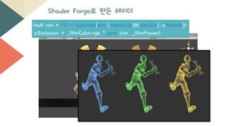 Shader Forge로 만든 쉐이더
half rim = 1.0 - saturate(dot (normalize(IN.viewDir), o.Normal));
o.Emission = _RimColor.rgb * pow (rim, _RimPower);
 